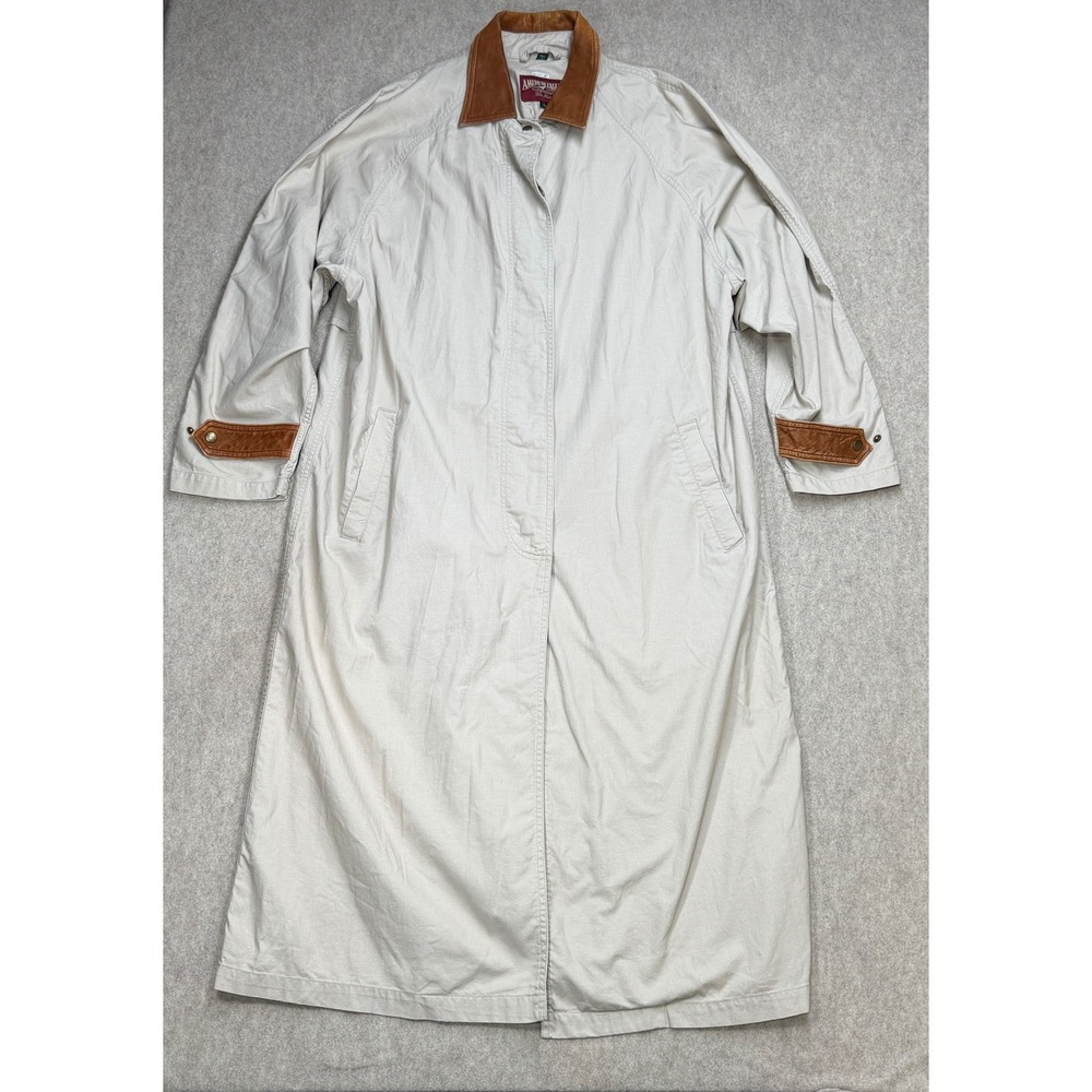 Vtg American Eagle Duster Womens Large Beige Heritage Leather Trim Academia 90s